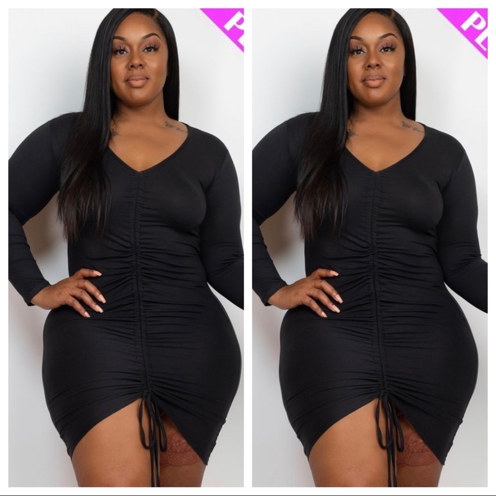 J. ELISE BOUTIQUE NEW TRENDY PLUS SIZE BLACK RUCHED LONG SLEEVE MIDI DRESS